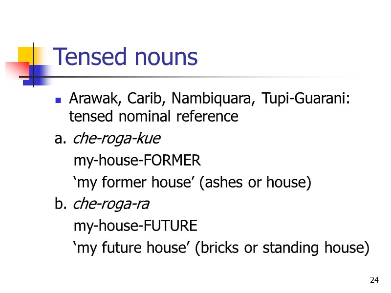 24 Tensed nouns Arawak, Carib, Nambiquara, Tupi-Guarani: tensed nominal reference a. che-roga-kue  